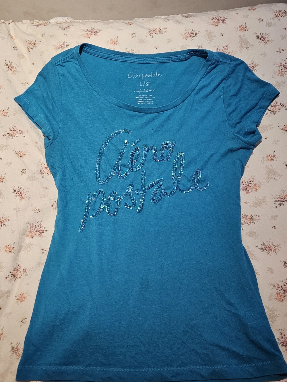 Y2k Aeropostale Blue Sequin Script Tee